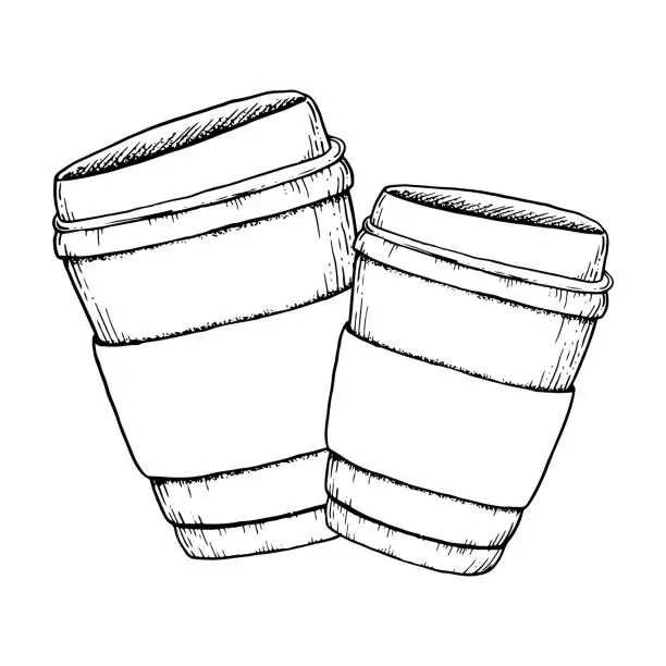 Vector illustration of Takeaway coffee cups template vector black and white illustration for bakery and cafe flyers and menus