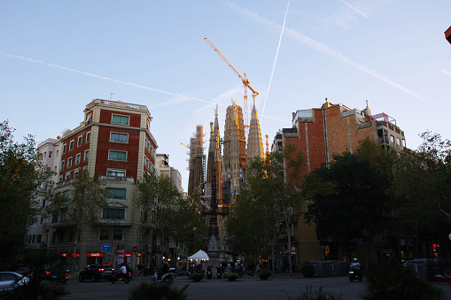 Barcelona, Spain-October,29. 2023: It is Sagrada Familia Cathedral under construction.Designed by Catalonia architect Antonio Gaudi and has been built since 1882. Antoni Gaudi's unfinished work.
In December 2021, the ninth tower 'Tower of the Virgin Mary' was completed.It is the highest as a completed spire. It is 138 meters.
In the future, the highest Jesus tower will stand.