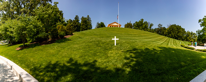 Washington DC, (USA); June 2, 2023: Panoramic view of the tomb of the unknown soldier and pantheon at Arlington National Military Cemetery.