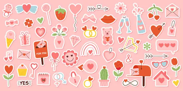 Vector illustration of Cute happy valentines day sticker set. Cartoon love romantic elements with hearts for poster and greeting cards. Hand drawn vector illustration