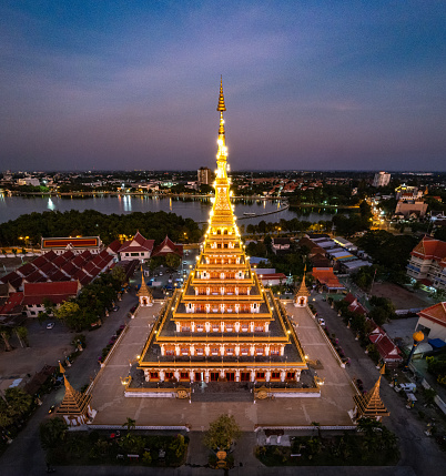 Aerial view of Wat Nong Waeng, also known as Phra Mahathat Kaen Nakhon, in Khon Kaen, Thailand, south east asia