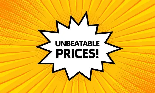 Vector illustration of Unbeatable prices sign. Flat, yellow, explosion sign, unbeatable prices icon. Vector icon