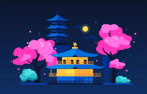 Vector illustration of Night shinto shrine - modern colored vector illustration