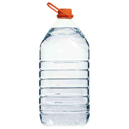 Plastic transparent bottle of water 5 liters from a supermarket isolated on a white background. Photos for catalogs of marketplaces and online stores, close-up in excellent quality.