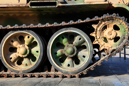 Tank caterpillars close up. War concept. Military equipment