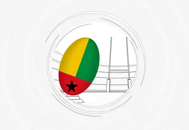 Vector illustration of Guinea-Bissau flag on rugby ball, lined circle rugby icon with ball in a crowded stadium.