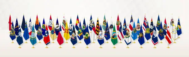 Vector illustration of All US states in four lines on a flag stand.