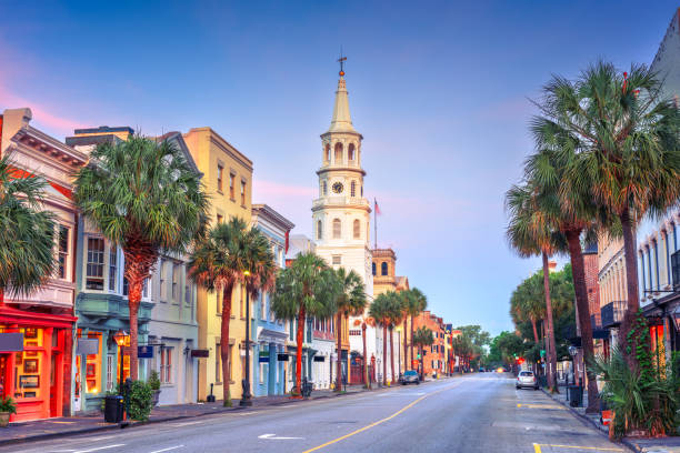 Charleston, South Carolina, USA Historic Cityscape Charleston, South Carolina, USA cityscape in the historic district at twilight. historic-district stock pictures, royalty-free photos & images