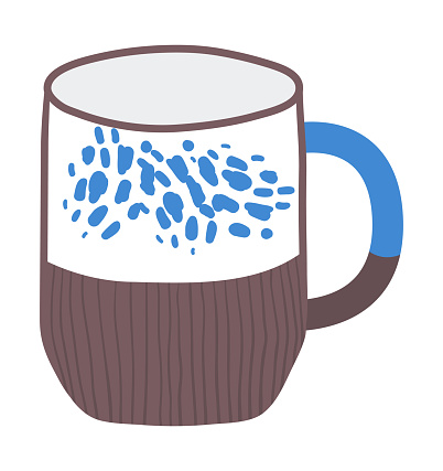 Ceramic coffee mug with blue splash design, brown texture, blue handle. Modern kitchenware and trendy drinkware vector illustration.