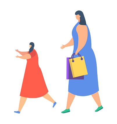Two women walking with one carrying shopping bags, casual summer dresses vector illustration. Shopping spree, friends enjoying retail therapy.