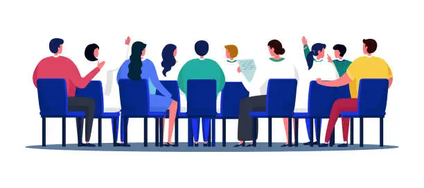 Vector illustration of Group of diverse people sitting in a meeting, audience participation, presenting report. Business meeting, team discussion, interactive workshop vector illustration