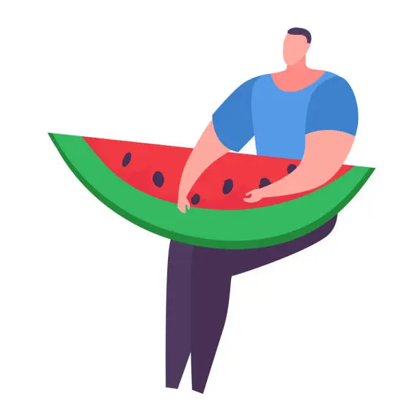 Vector illustration of Man holding giant watermelon slice. Cartoon male enjoys a big piece of fruit. Summer eating concept and refreshing snack vector illustration