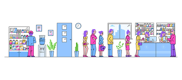 Customers queuing at pharmacy counter, pharmacists assisting, shelves with medications. Healthcare service, modern drugstore interior vector illustration.