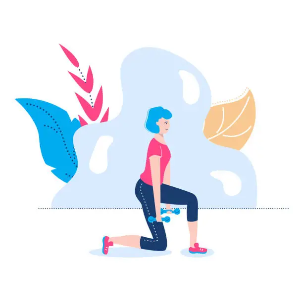 Vector illustration of Young woman exercising with dumbbells, lunging in gym. Female fitness workout, active lifestyle, sport training vector illustration