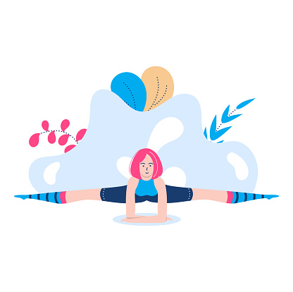 Female cartoon character performing yoga splits. Pink haired woman doing fitness exercise in abstract background. Wellness and flexibility concept vector illustration.