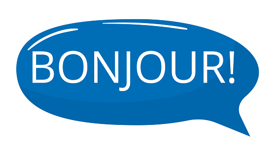 Blue speech bubble with white text saying 'BONJOUR ' French greeting and conversation concept. Welcoming sign and international dialogue vector illustration.