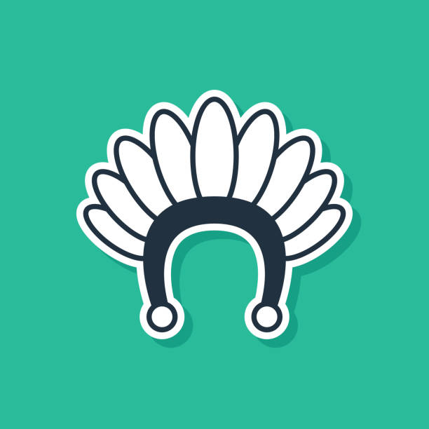 Blue Indian headdress with feathers icon isolated on green background. Native american traditional headdress. Vector Blue Indian headdress with feathers icon isolated on green background. Native american traditional headdress. Vector. cherokee clip art stock illustrations