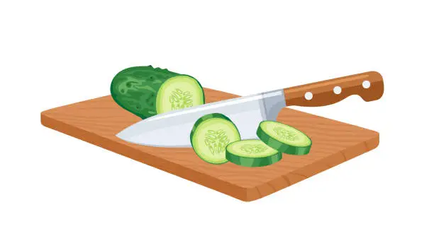 Vector illustration of Sliced green cucumber with knife on cutting board. Cooking concept. Vector cartoon illustration of fresh vegetables.