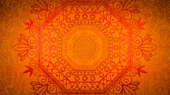 Hand-drawn mandala on vivid burnt orange textured background.