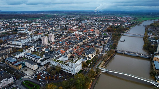 Aerial view around the old town of the city Thionville in France on a sunny day in fall.