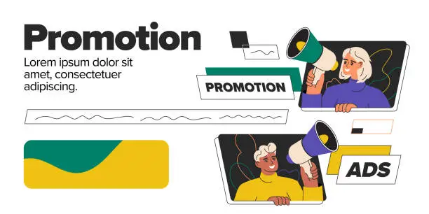 Vector illustration of Promotion concept illustration. Advertising campaigns. Flat vector illustrations isolated on white background. Use for business annual report, flyer, marketing, leaflet, advertising, brochure, modern style.