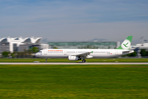 Munich, Germany - September 02. 2023 : Freebird Airlines Airbus A321-231 with the aircraft registration TC-GPA is starting on the southern runway 26L of the Munich airport MUC EDDM
