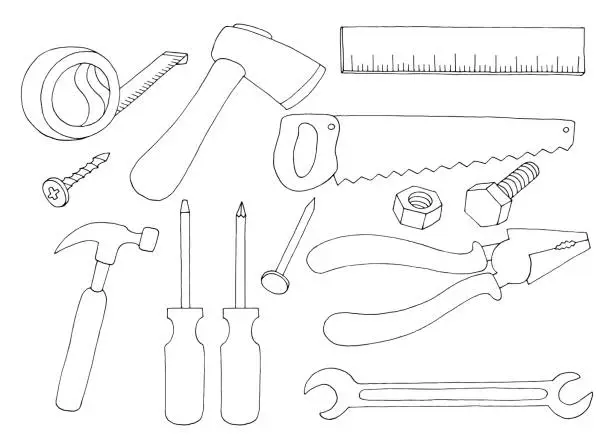 Vector illustration of Tool set black white isolated graphic illustration vector