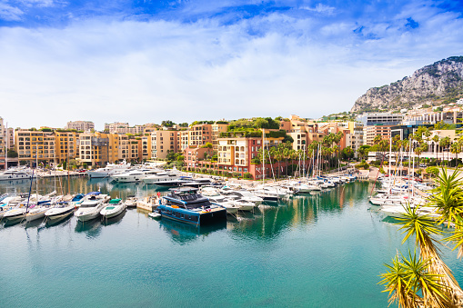 Fontvieille harbour, Monte Carlo - 17 August 2023: cityscape with yachts of the second port of Montecarlo