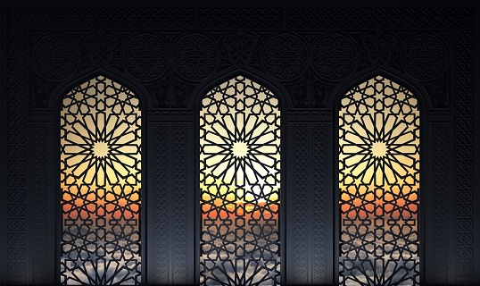 3d illustration. Eastern arch of the mosaic. Carved architecture and classic columns. Indian style. Decorative architectural frame evening sea view .