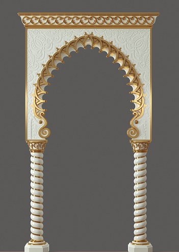 3d illustration. Ornamental carved arch in Indian or Arabic style