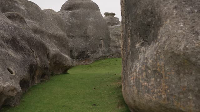 Elephant rocks in New Zealand with green grass