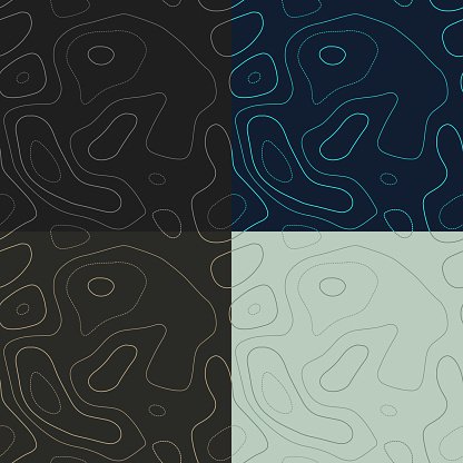 Topography patterns. Seamless elevation map tiles. Awesome isoline background. Authentic tileable patterns. Vector illustration.
