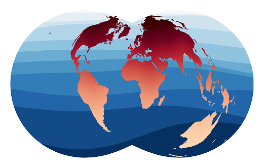 World Map Vector. Rectangular (War Office) polyconic projection. World in red orange gradient on deep blue ocean waves. Superb vector illustration.