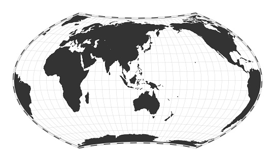 Vector world map. Wagner VII projection. Plain world geographical map with latitude and longitude lines. Centered to 120deg W longitude. Vector illustration.
