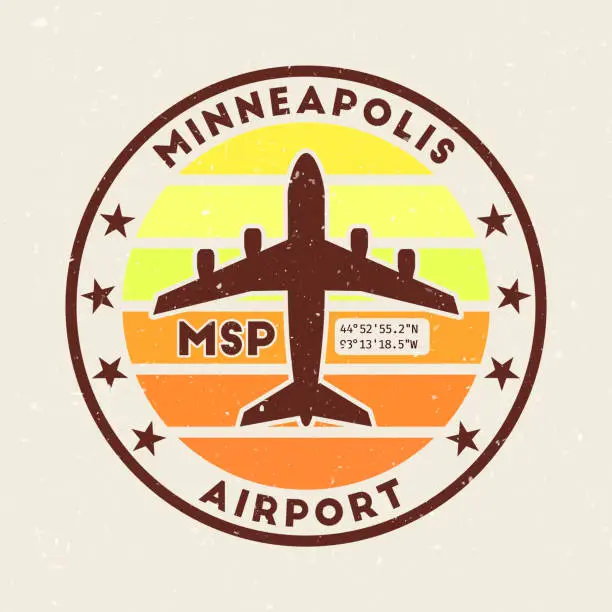 Vector illustration of Minneapolis airport insignia. Round badge with vintage stripes, airplane shape, airport IATA code and GPS coordinates. Appealing vector illustration.