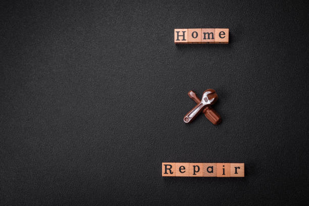 istock Tools and inscriptions symbolizing repairs or a garage and its attributes on a plain background 1924981103