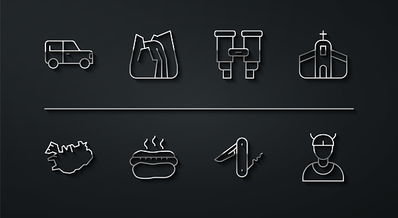 Set line Car Map of Iceland Church building Swiss army knife Hotdog sandwich Waterfall Viking head and Binoculars icon. Vector.