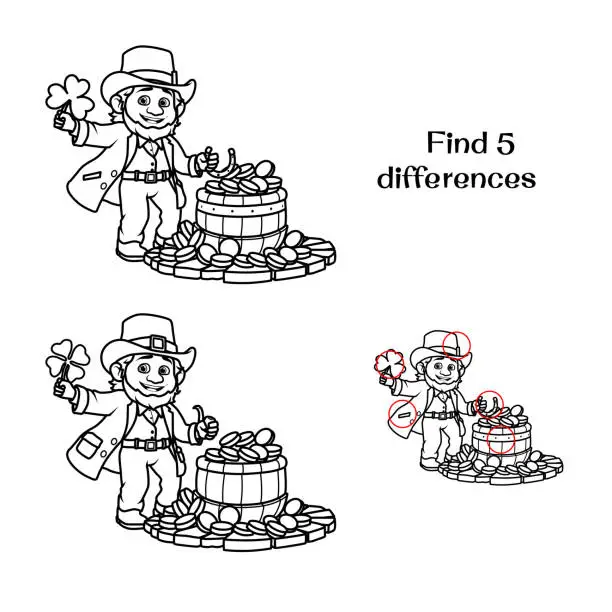 Vector illustration of Leprechaun with clover and coins. Find 7 differences.