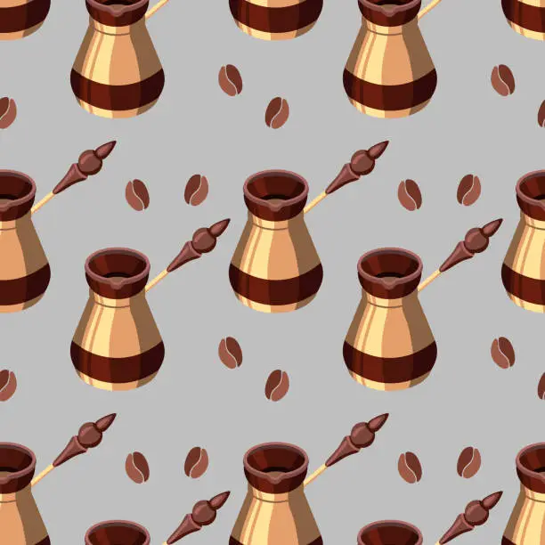 Vector illustration of Seamless pattern, copper coffee turks and coffee beans on a beige background.
