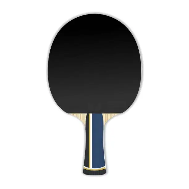 Vector illustration of Realistic tennis racket. Rackets for table tennis. Ping pong. Professional sports equipment. ITTF. Black overlay, rubber. Protective side. Training ball.