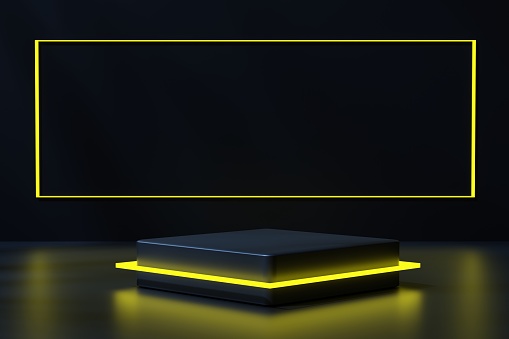 Podium with neon glow and frame on the wall on a black background, 3d render