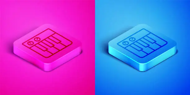 Vector illustration of Isometric line Music synthesizer icon isolated on pink and blue background. Electronic piano. Square button. Vector