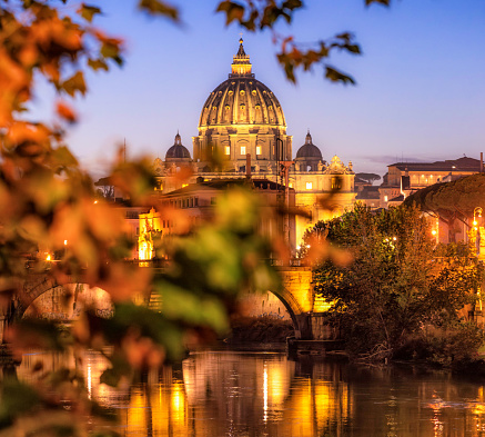 Rome, Italy - The illuminated dome of St Peter's Basilica as seen from across the River Tiber, with the leaves of a tree framing the foreground.