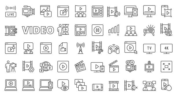 Video icons in line design. Vlog, movie, motion, play, video editor, media, creation, videography, content, multimedia isolated on white background vector. Video editable stroke icon. Video icons in line design. Vlog, movie, motion, play, video editor, media, creation, videography, content, multimedia isolated on white background vector. Video editable stroke icon film crew icon stock illustrations