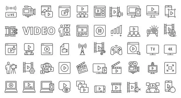 Vector illustration of Video icons in line design. Vlog, movie, motion, play, video editor, media, creation, videography, content, multimedia isolated on white background vector. Video editable stroke icon.