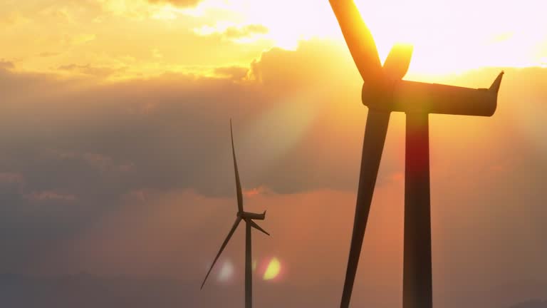 Aerial view wind turbines at Sunset