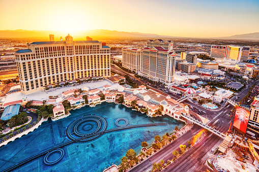 LAS VEGAS, USA - APRIL 20: Strip Aerial view at sunset with famous Bellagio hotel on April 20, 2023 in Las Vegas, USA. Las Vegas is one of the top tourist destinations in the world