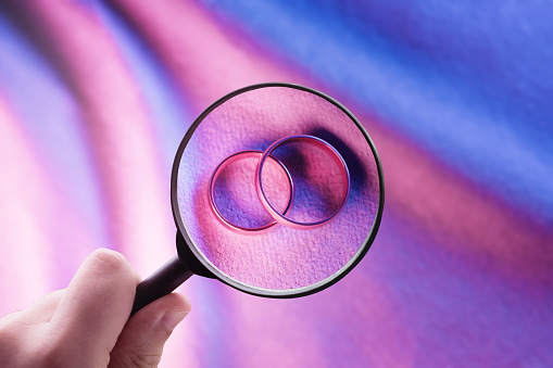 A magnifying glass focusing on marriage rings