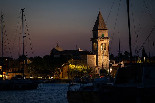 Late Sunset Evening Dusk Light  View of Osor Town on Cres Island in Croatian Adriatic Sea