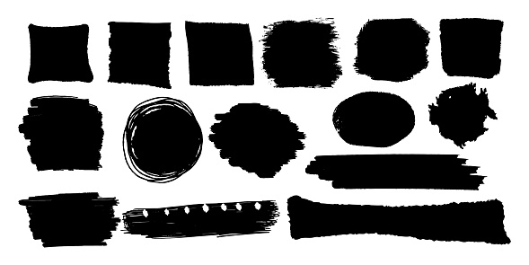 Set jagged shapes torn paper border, frame sharp silhouette, brush isolated on white background. Grunge sticker, stump.